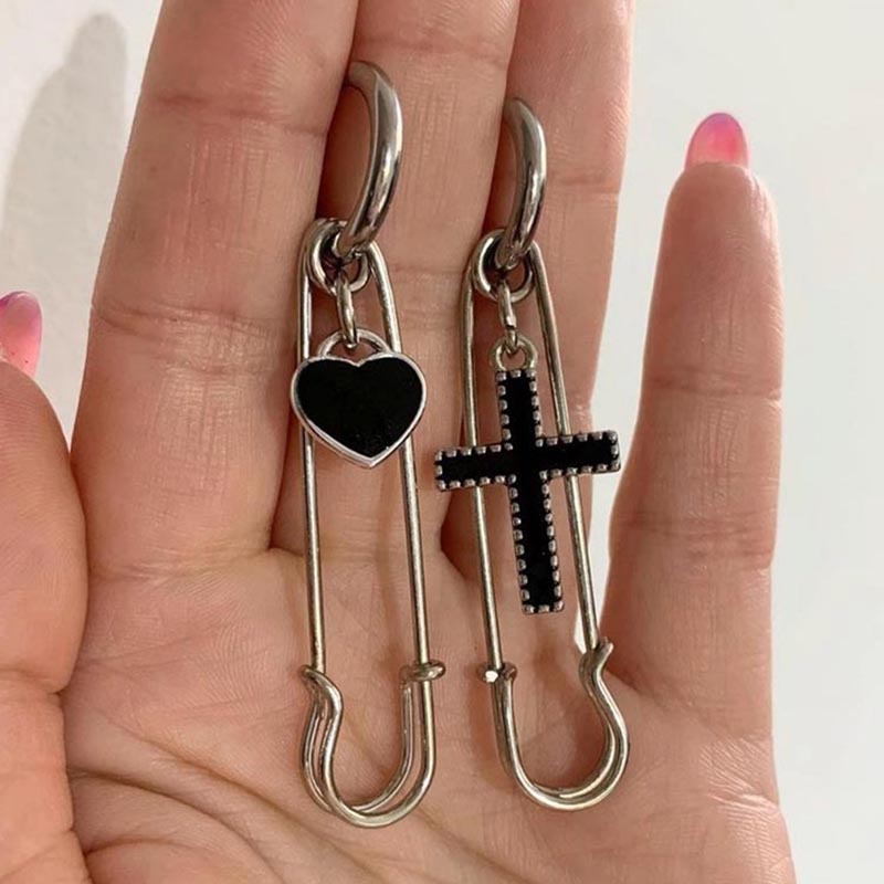 Street Fashion Earrings - Gothic Safety Pin Drop Hoop Earrings
