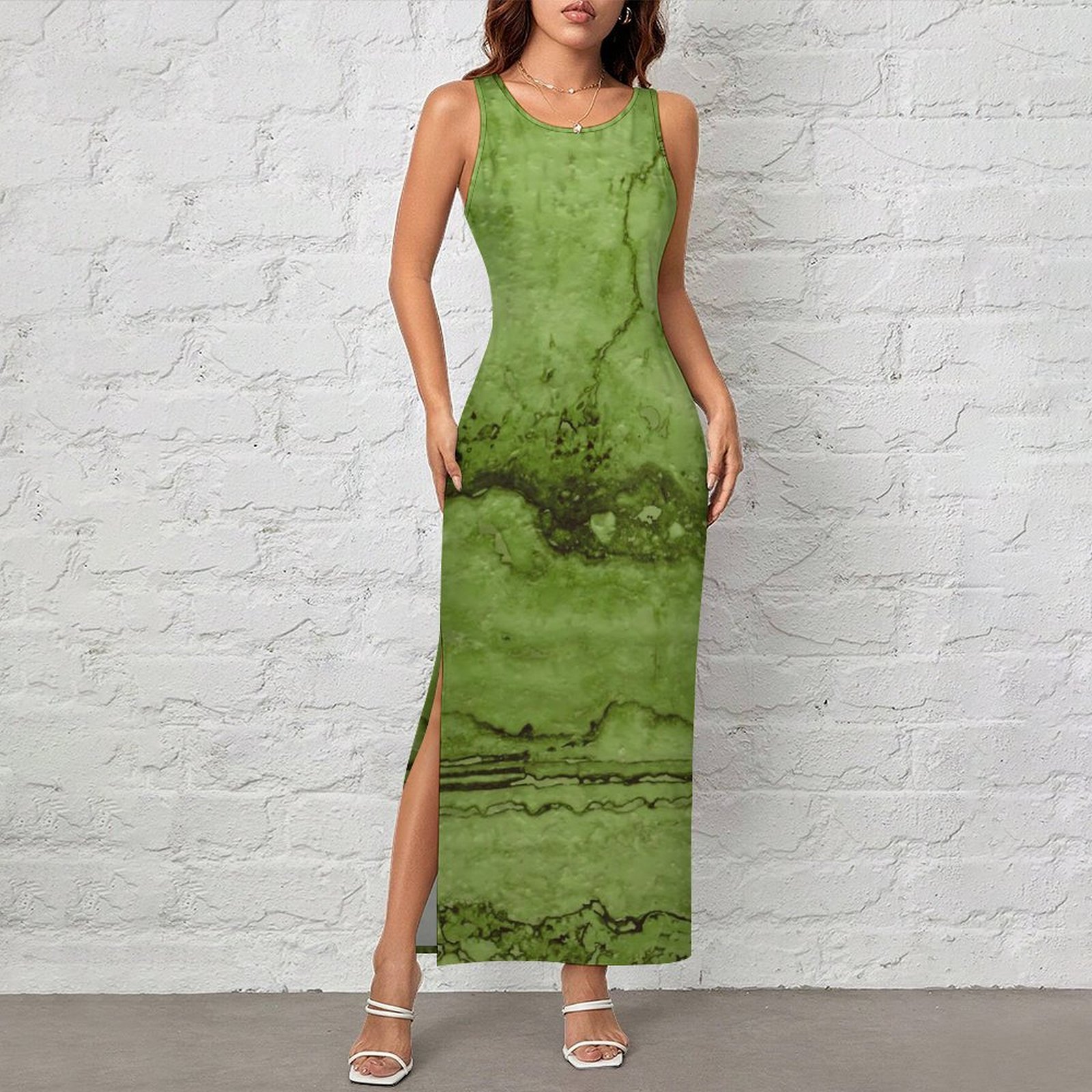 Fashion Street Night - Women Green Abstract Moss Dress Granite