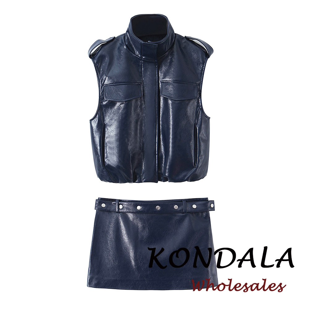 Street Fashion Vest - KONDALA 2026 Spring Blue PU Women